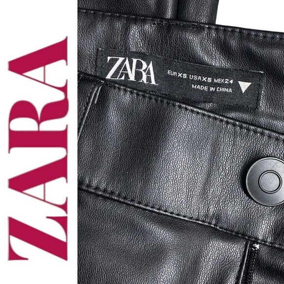 ZARA Faux Leather Slim Bootcut Flare Ankle Zip Full Length Pants Black, Size XS - Picture 9 of 16